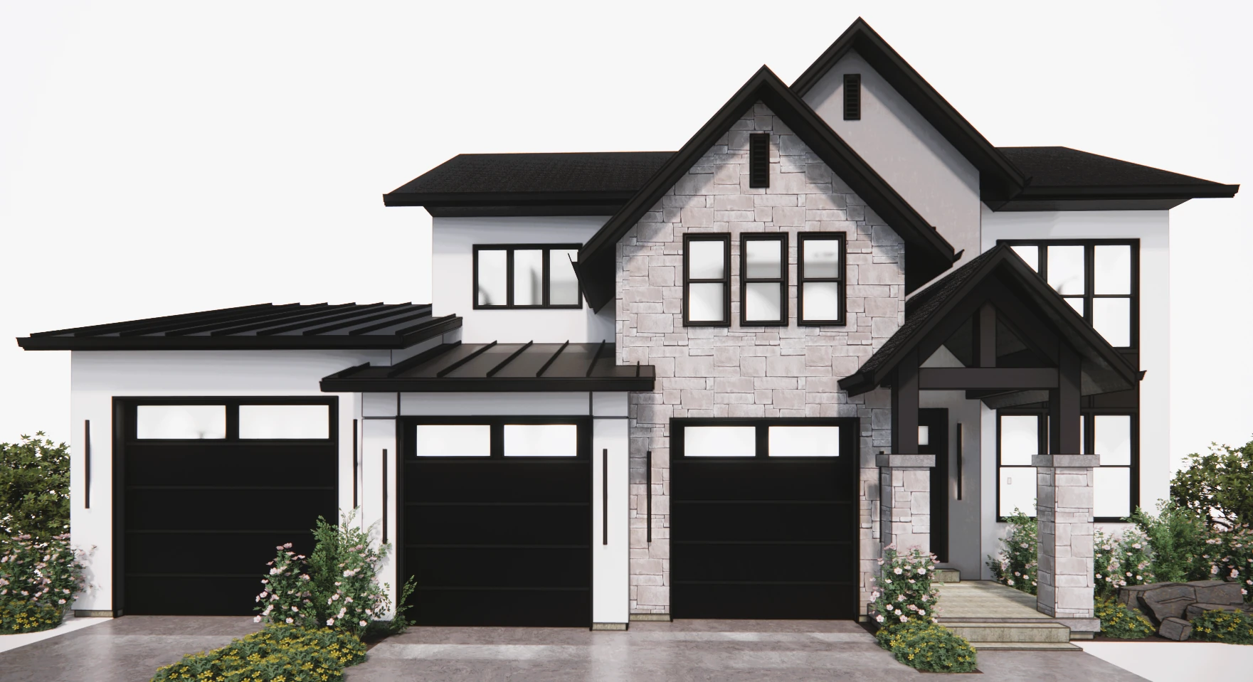 Farmhouse exterior architectural rendering, SR301 design study