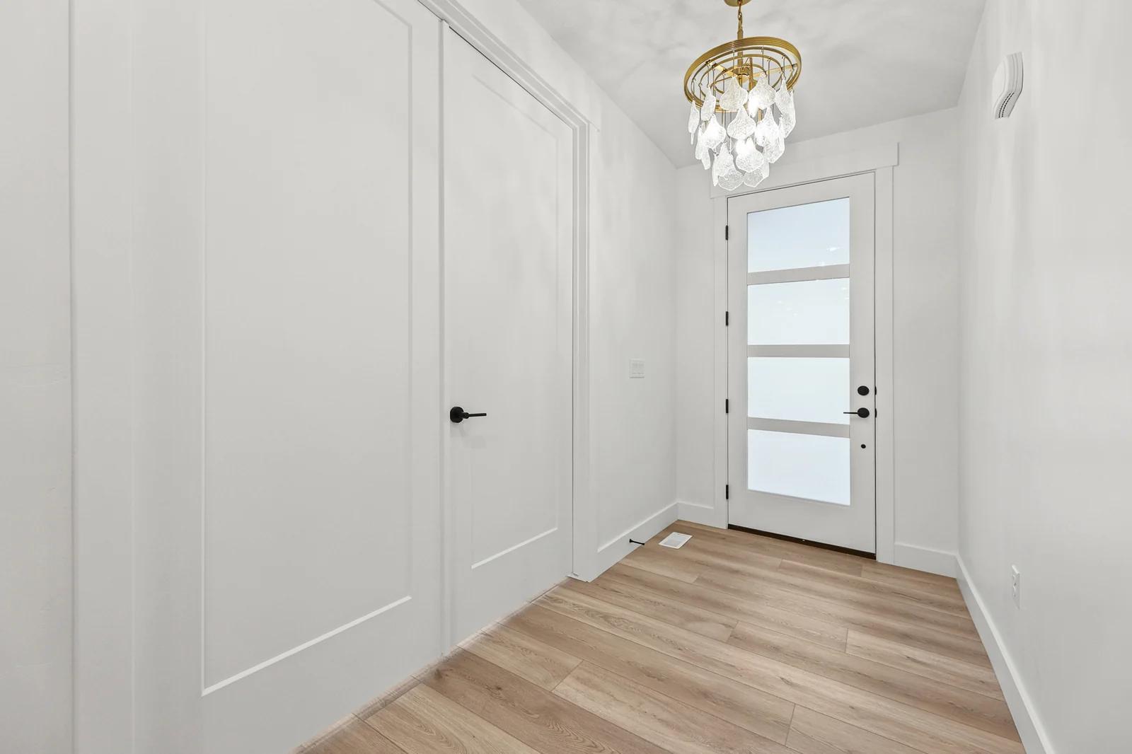 Foyer hall shows tall white closet doors, light wood flooring, pendant lighting, and a glass front door in Hawthorne Farmhouse, Ogden.