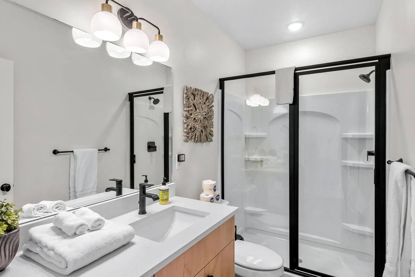 Bathroom featuring a white vanity, black-framed glass shower enclosure, towel bar, toilet, and bright overhead lighting — Denali, Bear Lake.