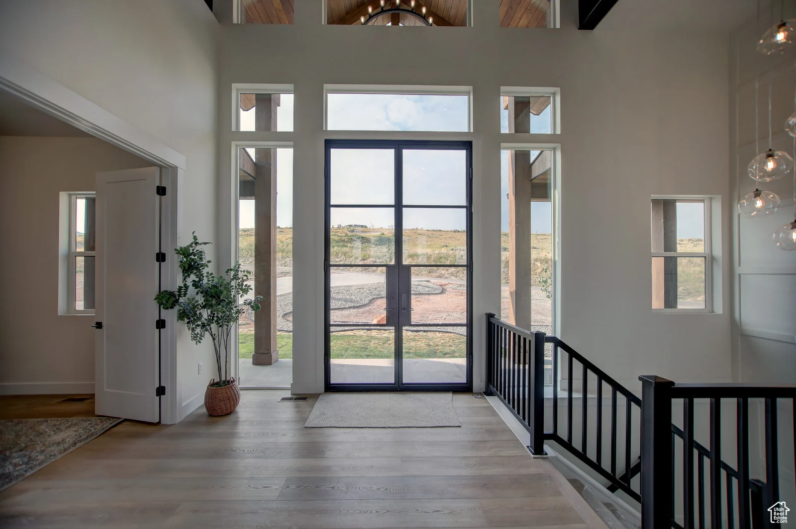 Tall front foyer with glass entry doors, sidelights, wood-look flooring, stair railing, and potted plant in Pinnacle, Bear Lake.